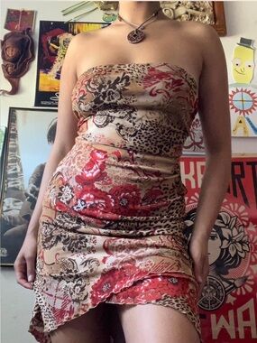 Charlotte Russe Beige Strapless Floral & Animal Print Dress with Red Accents